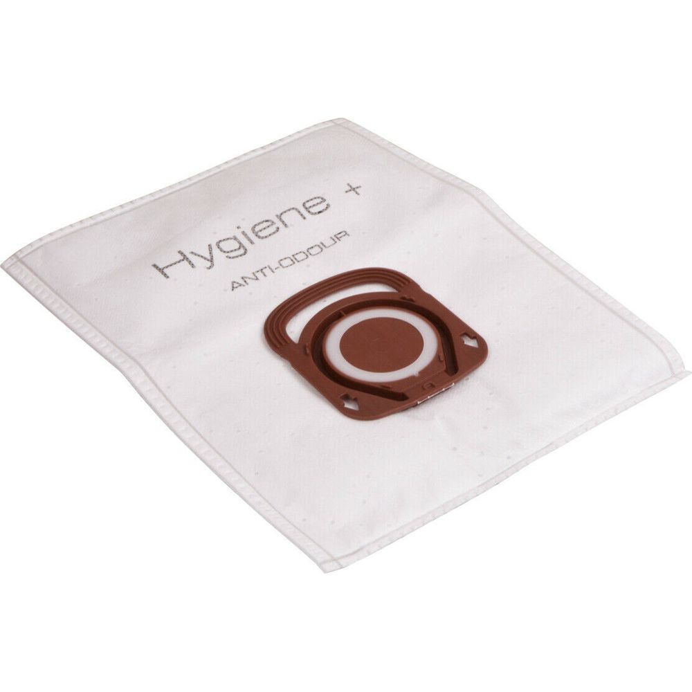 Ein weißer Staubsaugerbeutel mit braunem Anschluss und "Hygiene + ANTI-ODOUR" Aufschrift.
