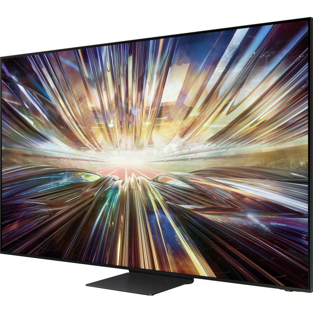 Un téléviseur moderne affichant une image abstraite et colorée ressemblant à une piste de course.