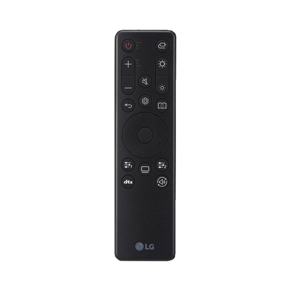 Schwarze LG Fernbedienung mit Tasten für Power, Lautstärke, Menü und DTS-Audio.