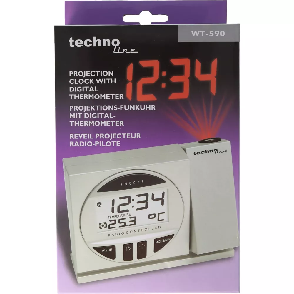 Techno Line Projektionsuhr mit Digitalthermometer, zeigt 12:34 und 25.3°C.