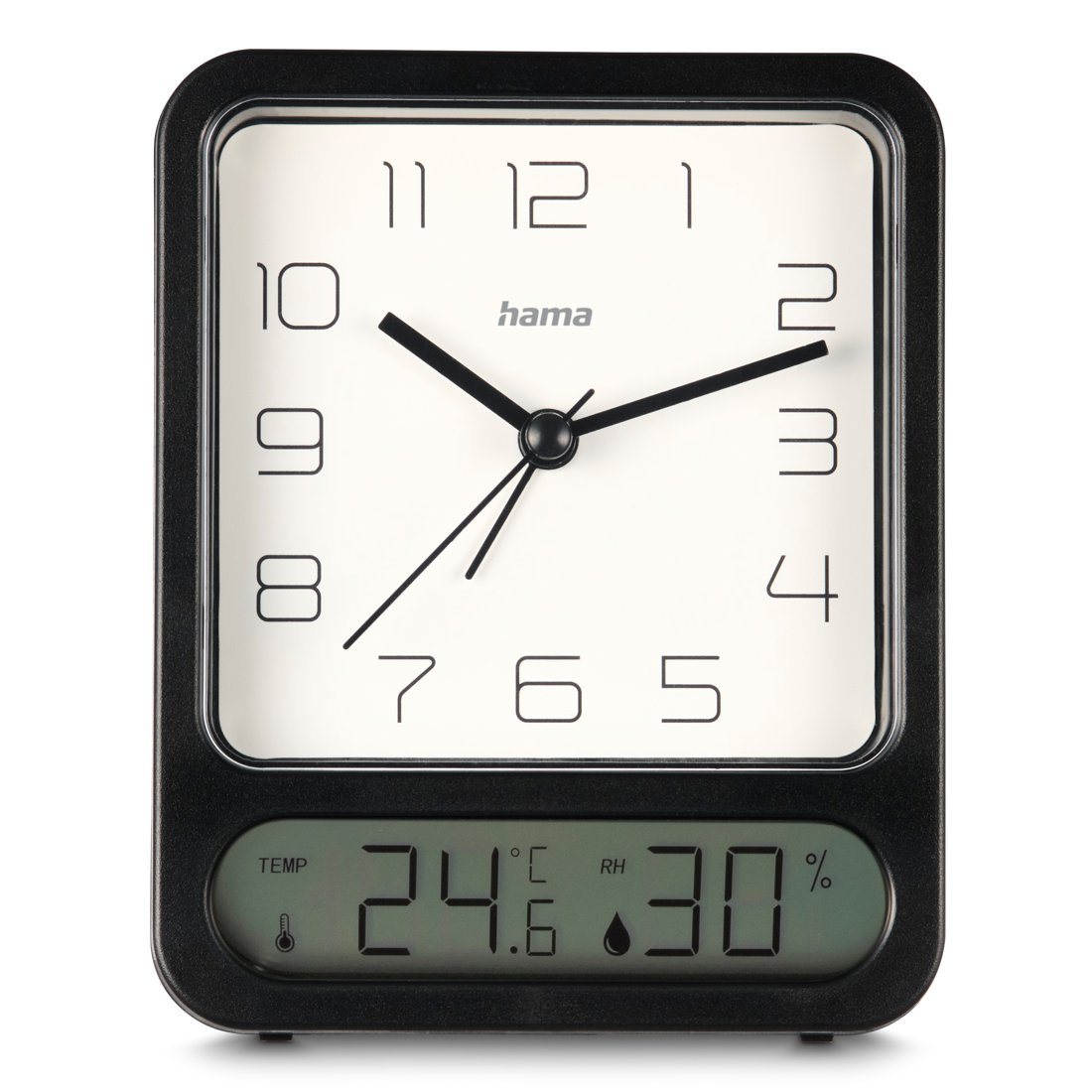 Czarny budzik z białą tarczą pokazuje 10:09. Na dole znajduje się wyświetlacz LCD.