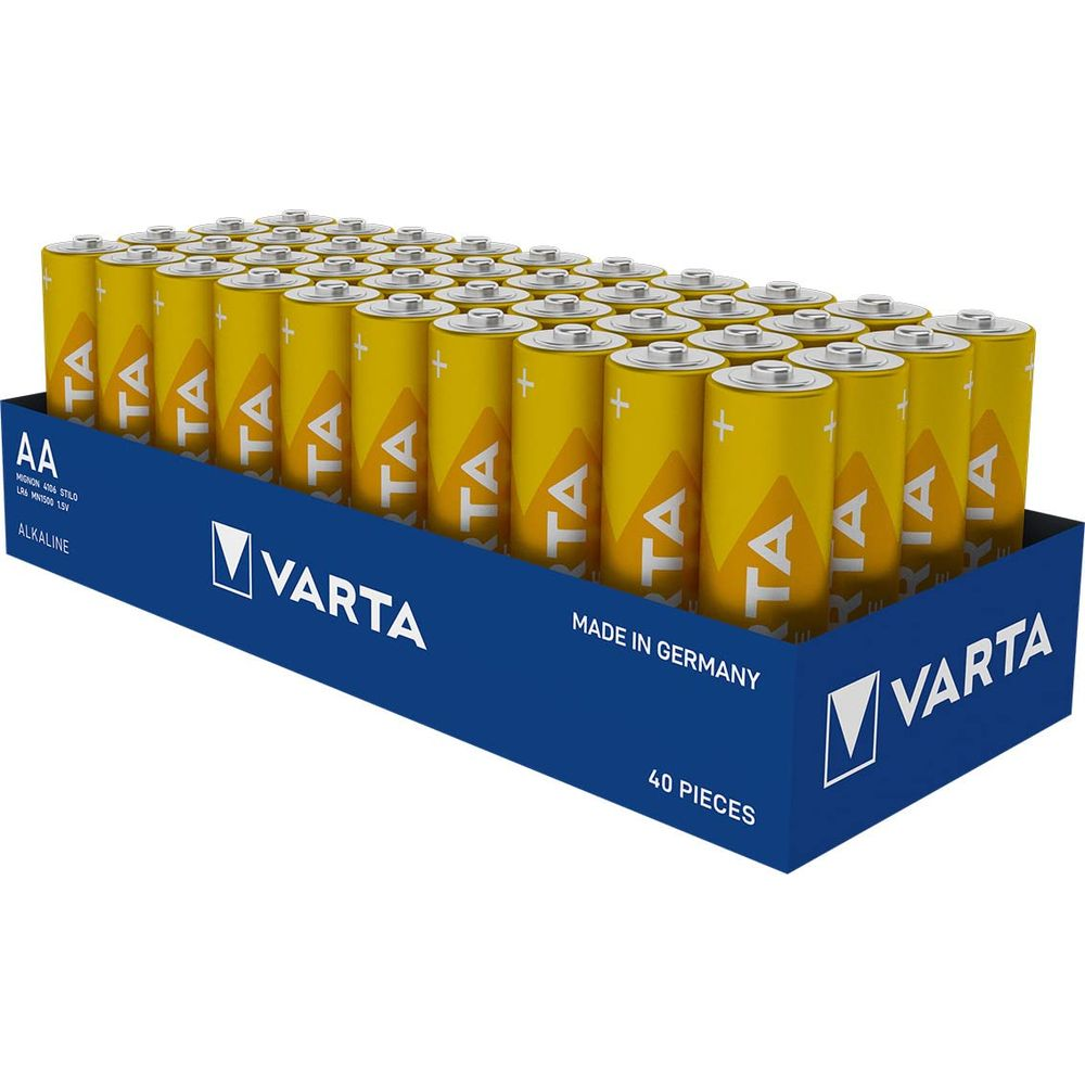 Una scatola da 40 batterie alcaline Varta AA, gialle con testo nero, prodotte in Germania.