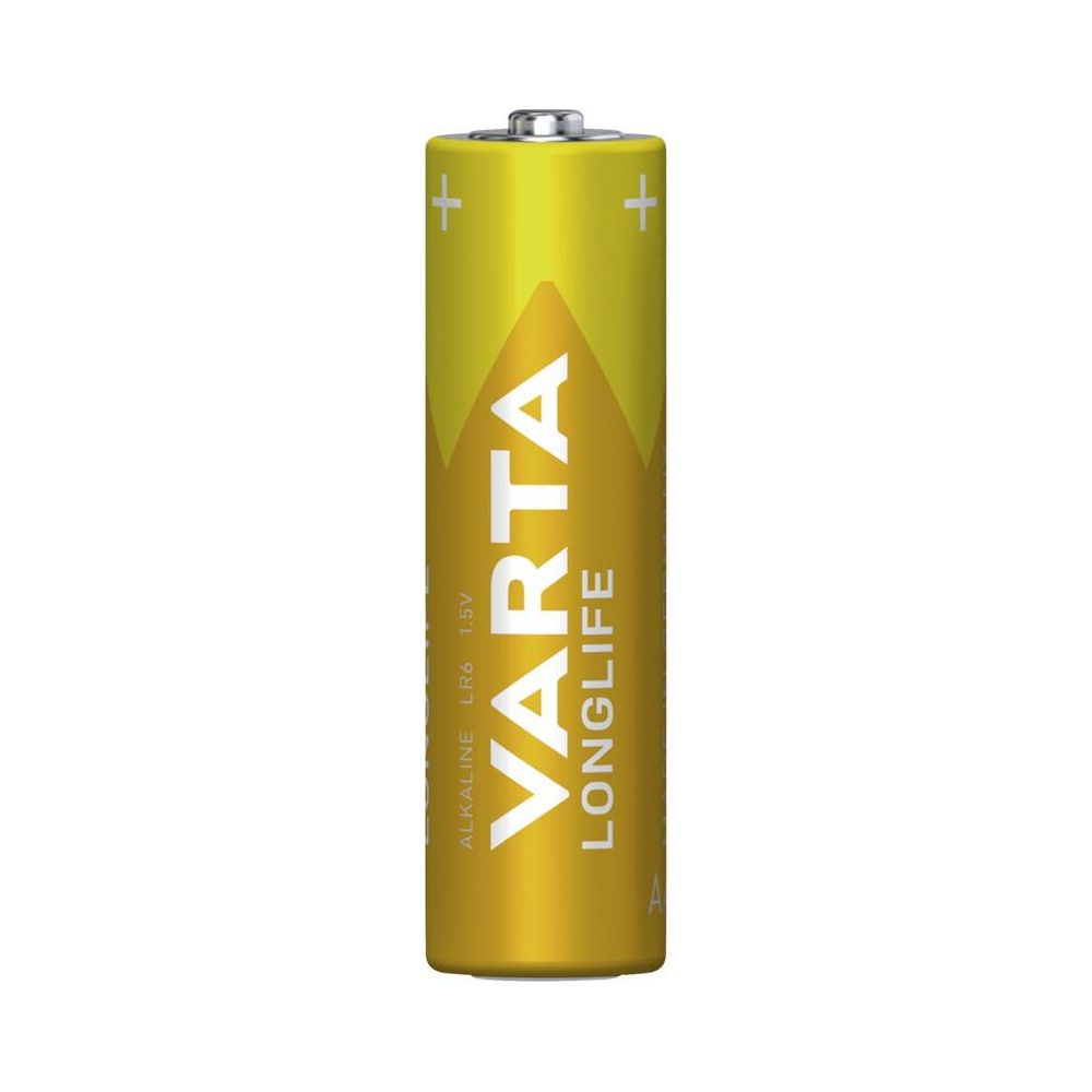 Una batteria alcalina gialla Varta Longlife LR6 1,5V con scritte nere.