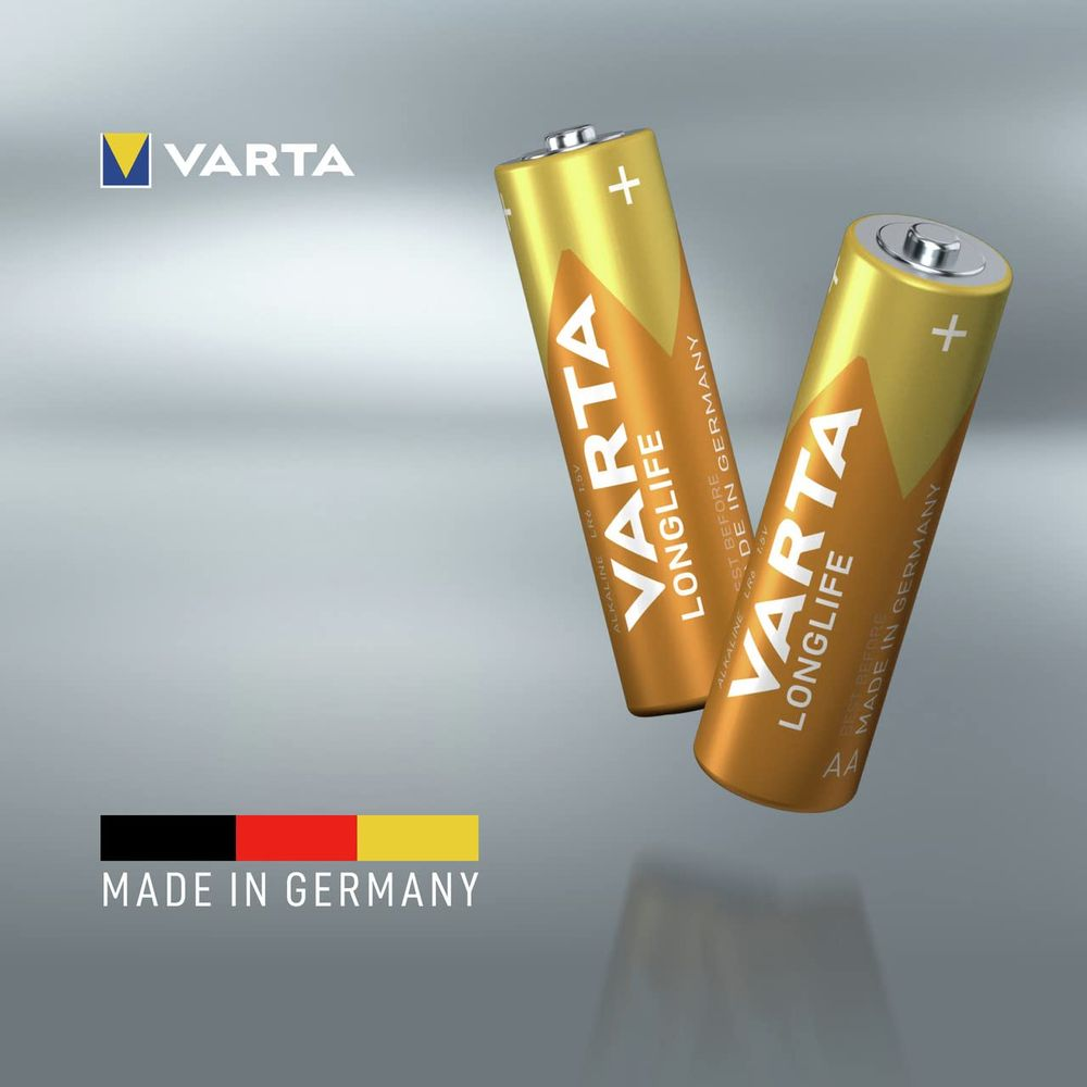Due pile AA Varta Longlife dorate con logo e testo tedesco.