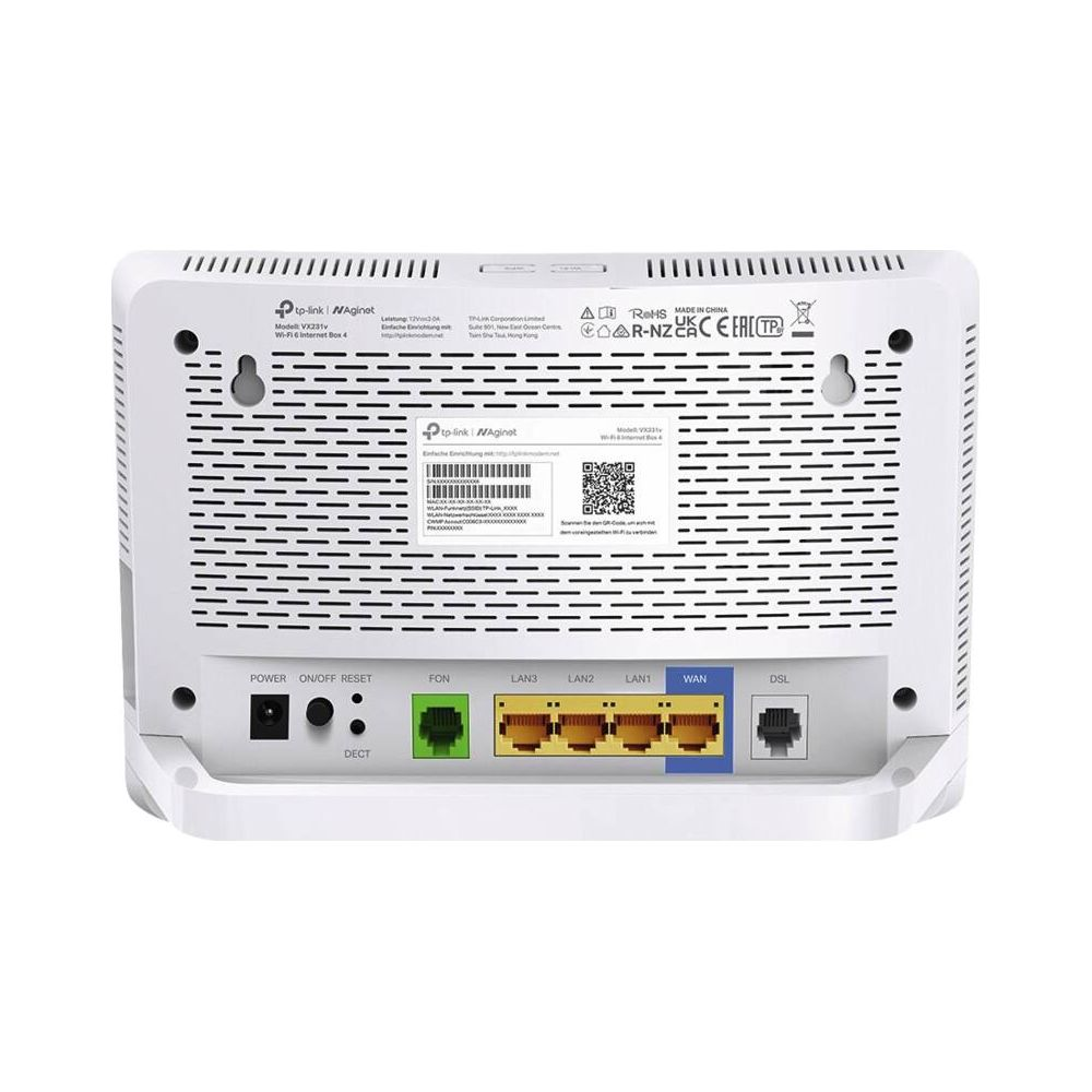 Parte trasera de un router TP-Link blanco con puertos: Alimentación, Reset, DECT, FON, LAN1-3, WAN, DSL.