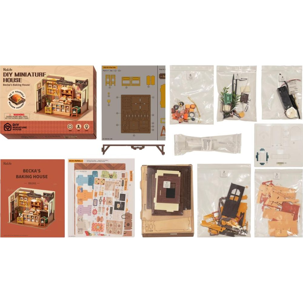 Kit de casa de panadería en miniatura DIY con piezas en bolsas y manuales.