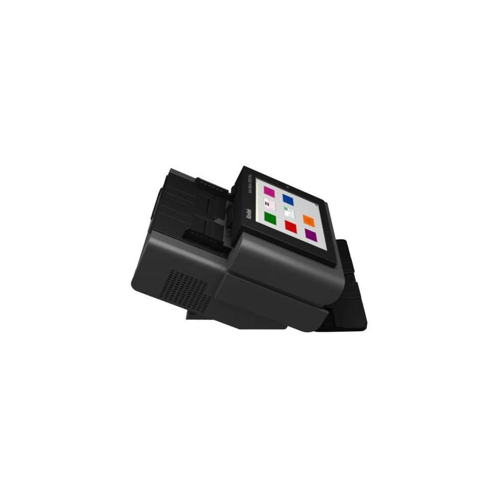 Uno scanner Kodak nero con touchscreen che mostra quadrati colorati.