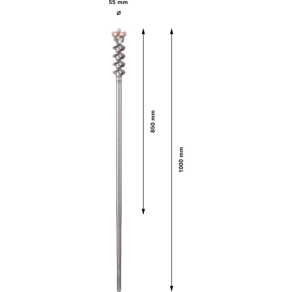 Wiertło metalowe, średnica 55 mm, podana długość 850 mm.