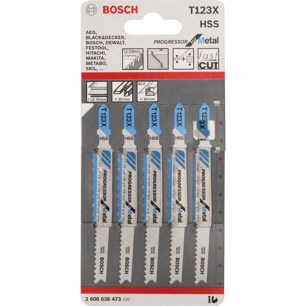 Metal için altı adet Bosch T123X HSS dekupaj testere bıçağı paketi.