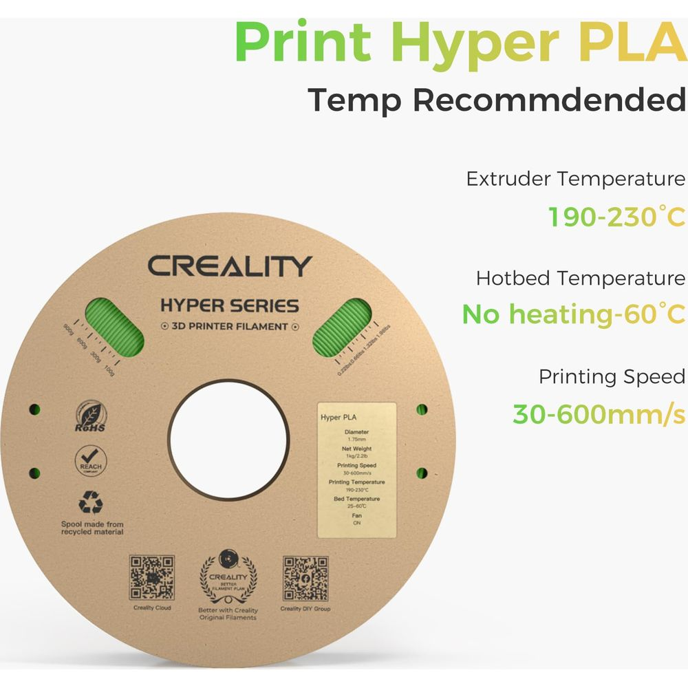 Bobina filamento PLA verde Creality con impostazioni di stampa: Estrusore 190-230°C, Piastra 60°C, Velocità 30-600mm/s.