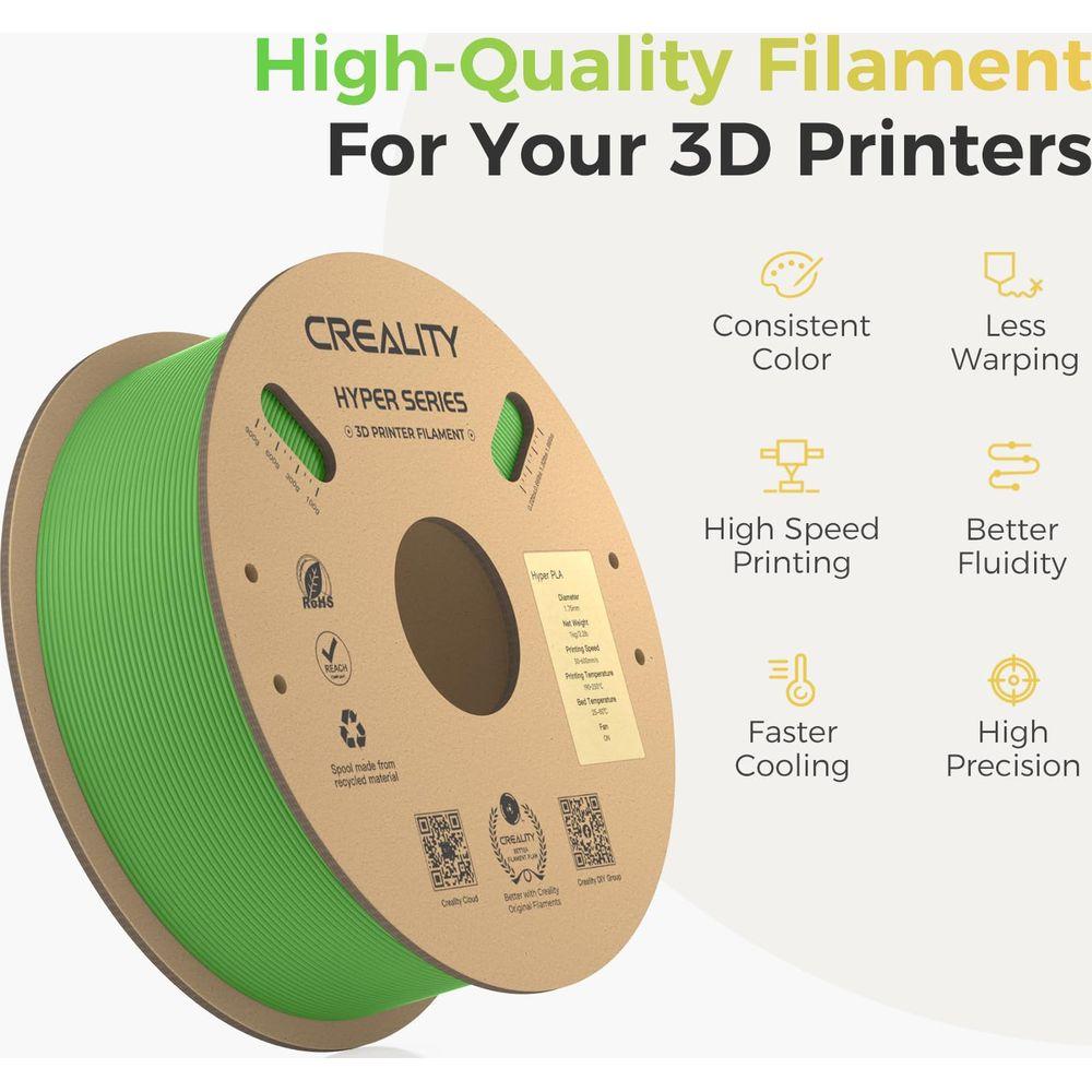 Bobina di filamento verde per stampante 3D Creality con testo che descrive caratteristiche come colore, deformazione, velocità, raffreddamento e precisione.
