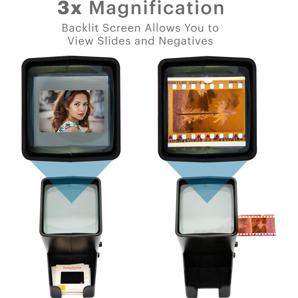 Due ingranditori mostrano una diapositiva e una pellicola negativa con ingrandimento 3x.