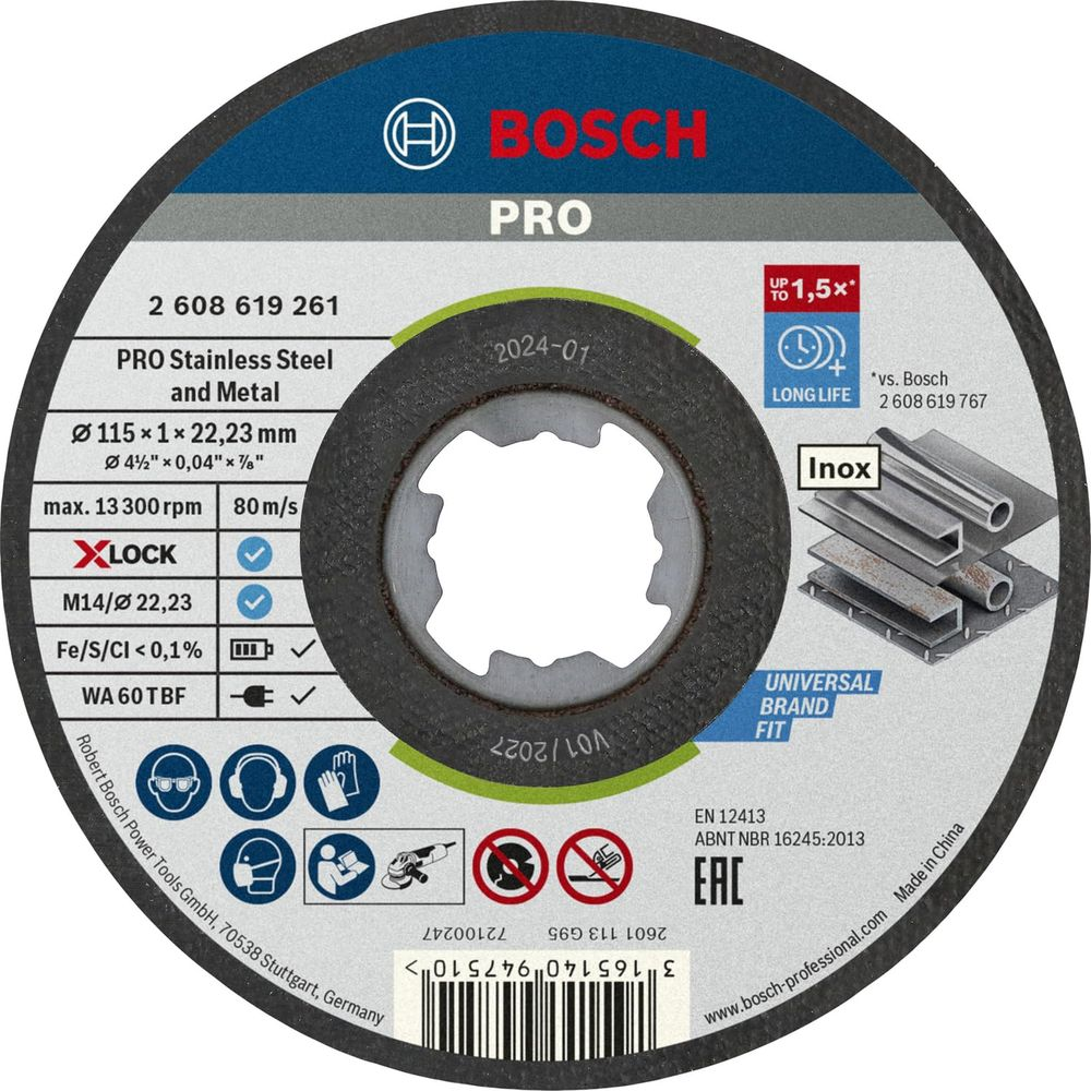 Bosch PRO cutting disc for stainless steel & metal, 115mm, X-LOCK, up to 13,300 rpm.