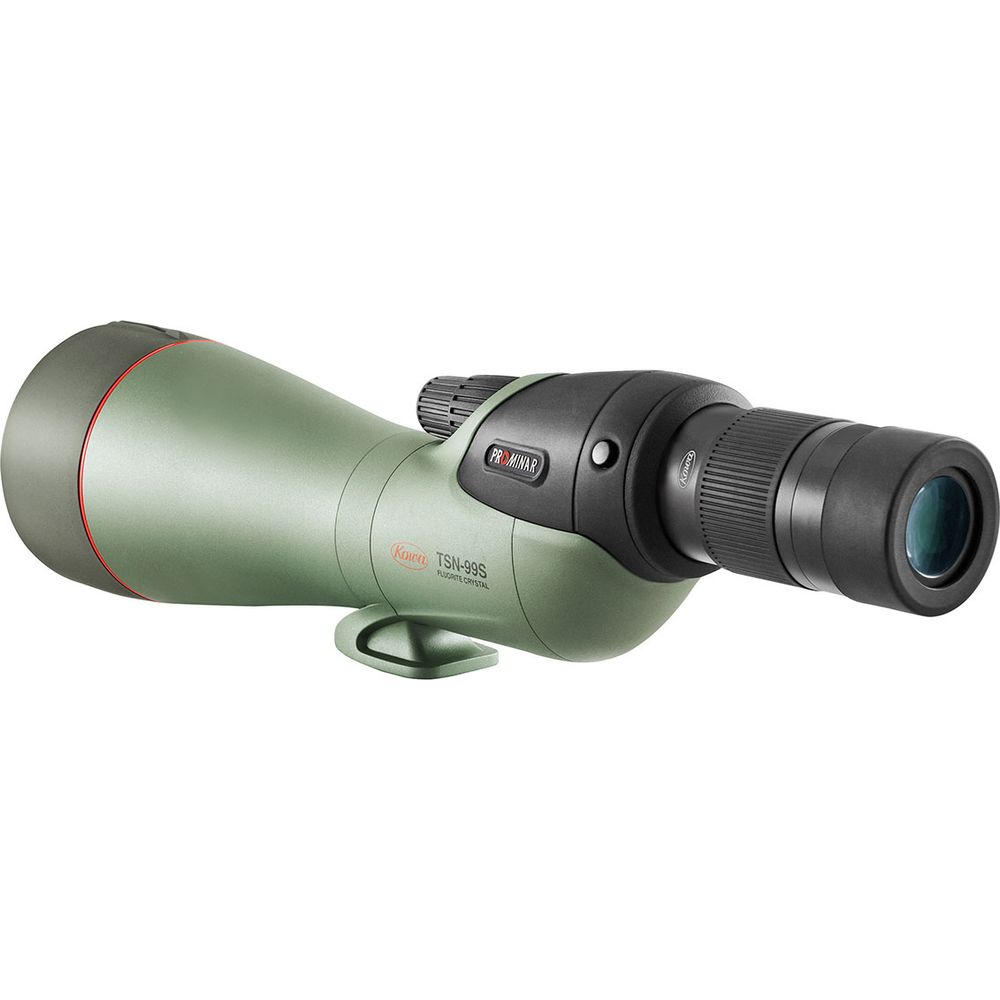 Ein grünes Spektiv mit schwarzem Okular und rotem Ring. Beschriftung: Kowa TSN-99S.