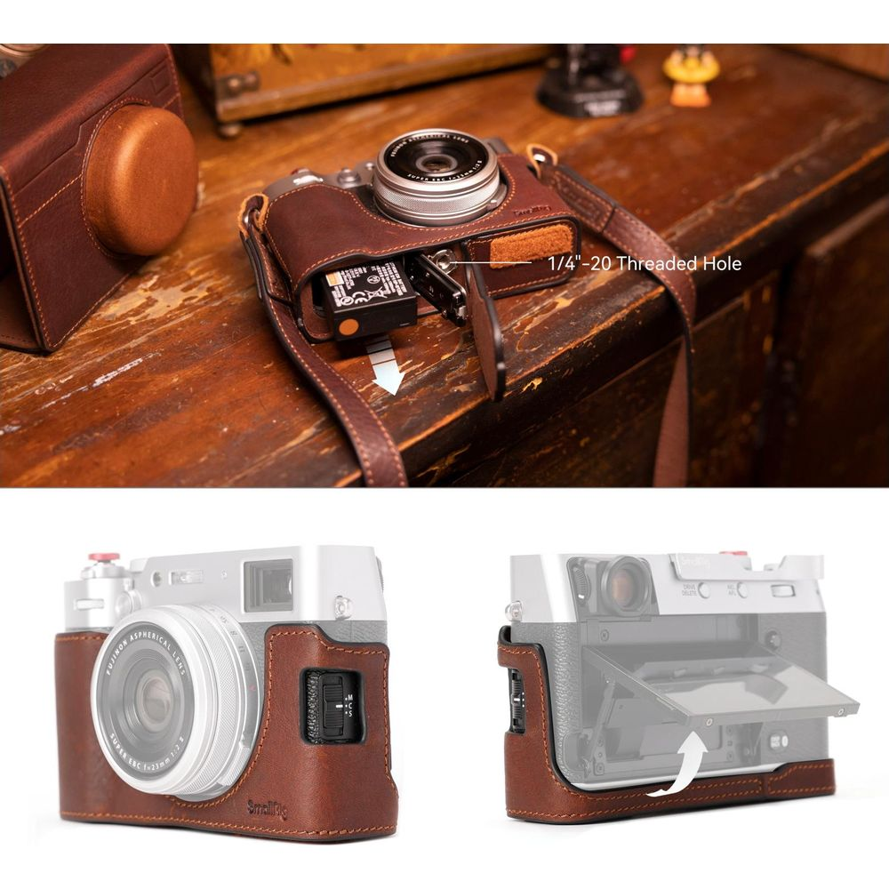 Brown leather camera case showing battery compartment and 1/4"-20 threaded hole.