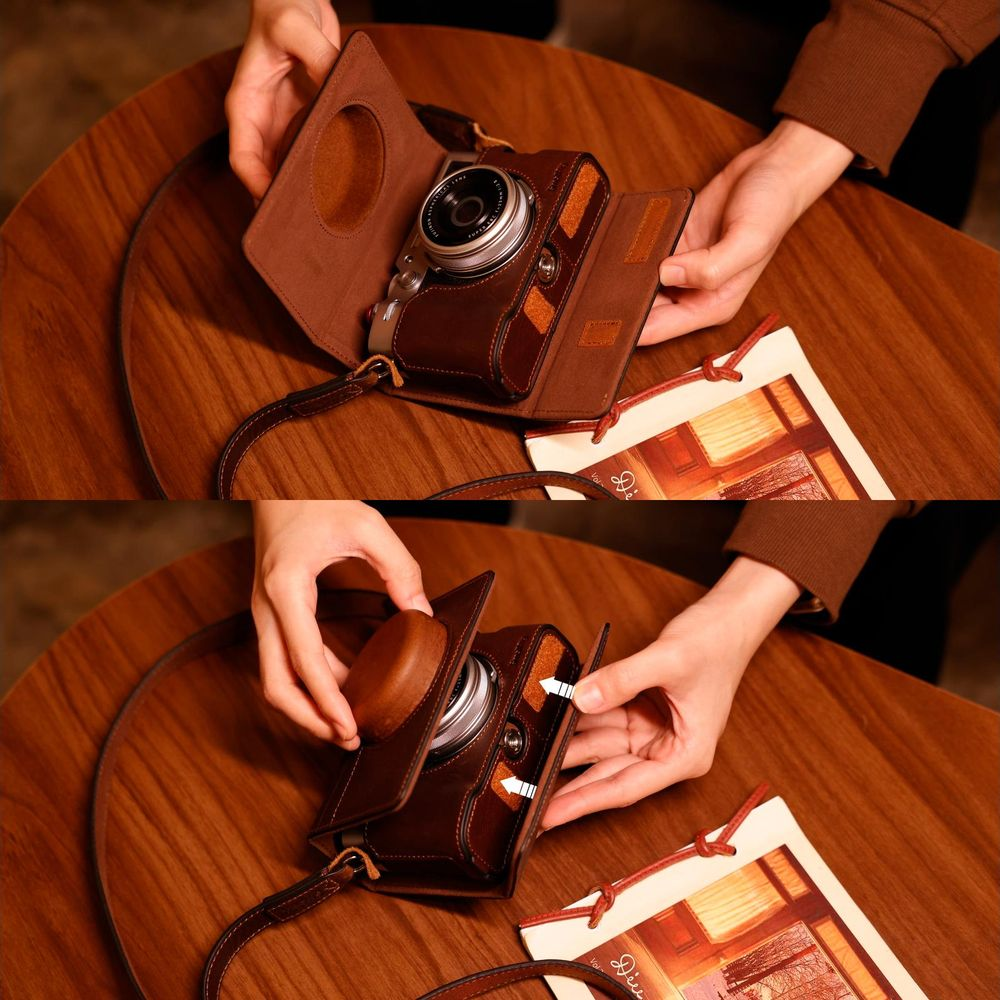 Hands showing a brown leather camera case, closing it.