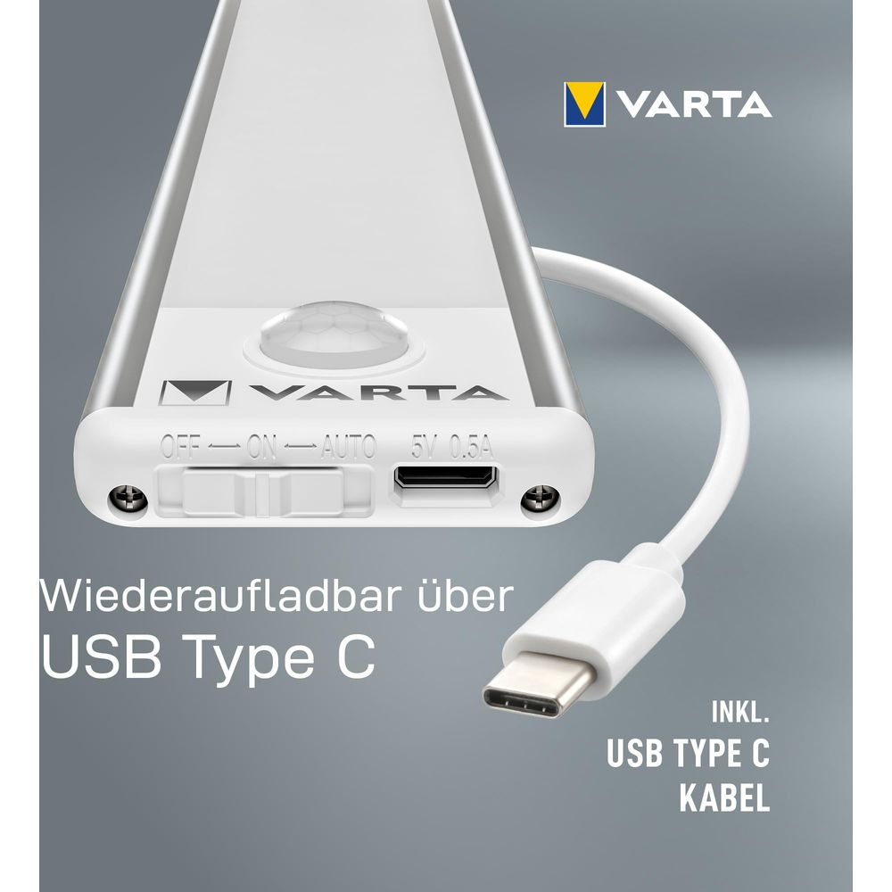 Varta LED-Leiste mit USB-C-Anschluss und Schalter für Off/On/Auto.