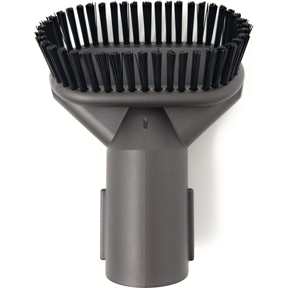 Accessorio aspirapolvere grigio scuro con setole nere, sfondo bianco.