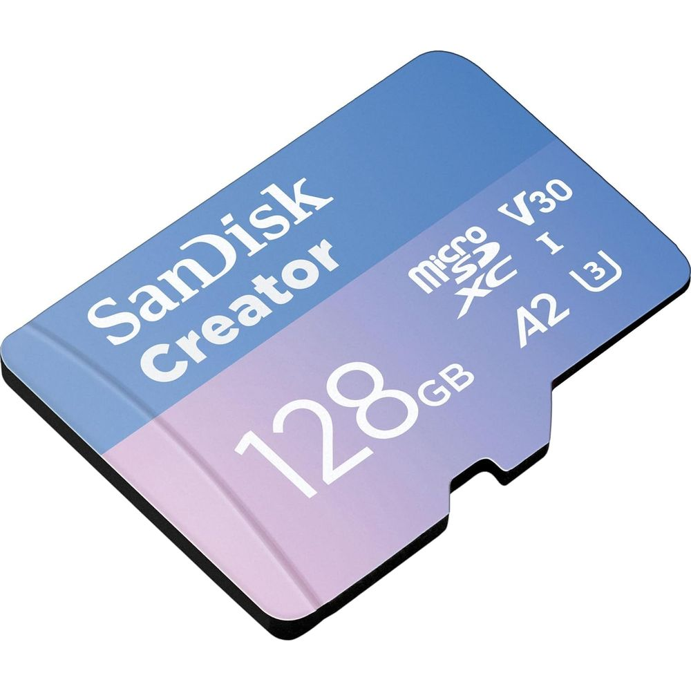 SanDisk Creator 128GB MicroSDXC Speicherkarte mit V30 und A2 Kennzeichnung.