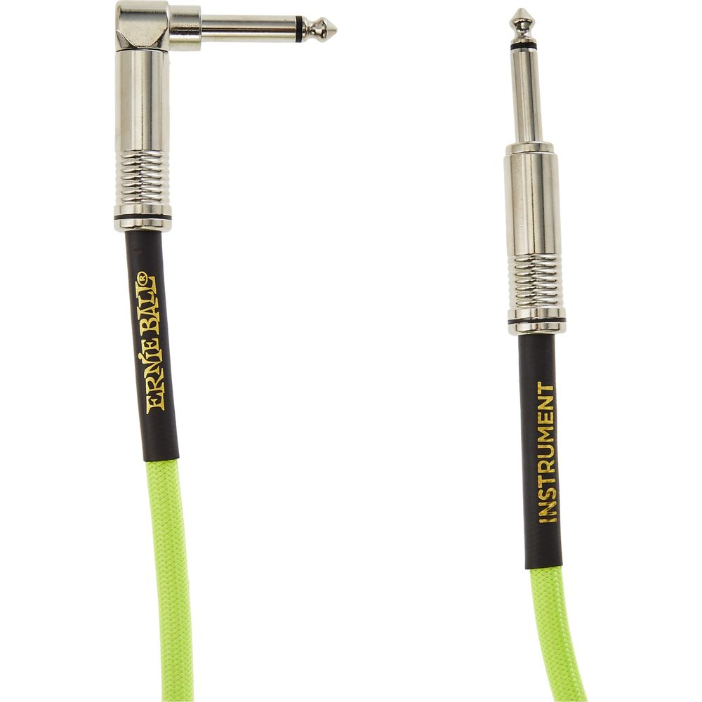 Zwei Gitarrenkabelstecker: einer abgewinkelt, einer gerade. Grünes Kabel mit Text.