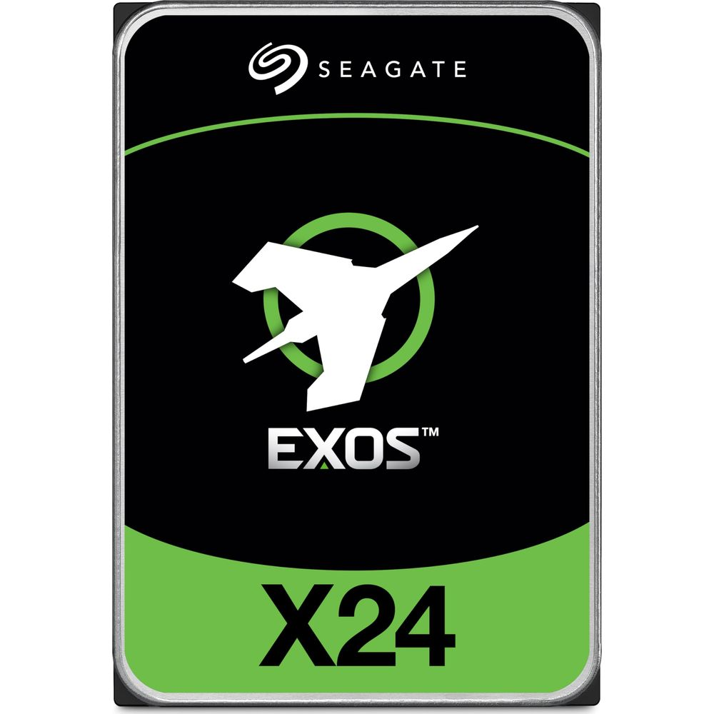 Seagate Exos X24 Festplatte mit weißem Falkenlogo auf schwarz-grünem Hintergrund.