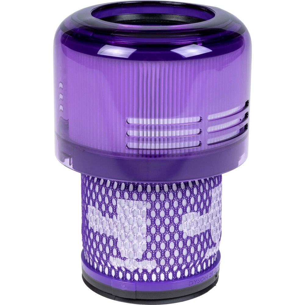 Un filtre d'aspirateur Dyson violet avec une maille blanche et un filtre plissé.