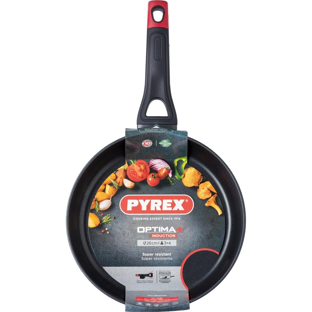 Schwarze Pyrex Pfanne mit rotem Griff und Gemüse-Aufdruck. Ø 26cm.