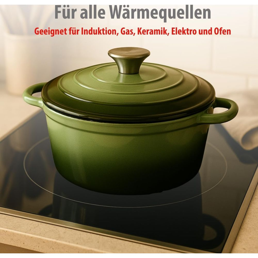 Grüner Topf auf Induktionskochfeld, für alle Wärmequellen geeignet.
