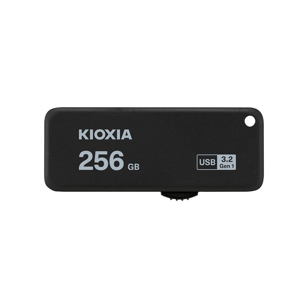 Una chiavetta USB Kioxia nera da 256 GB USB 3.2 Gen 1 su sfondo bianco.