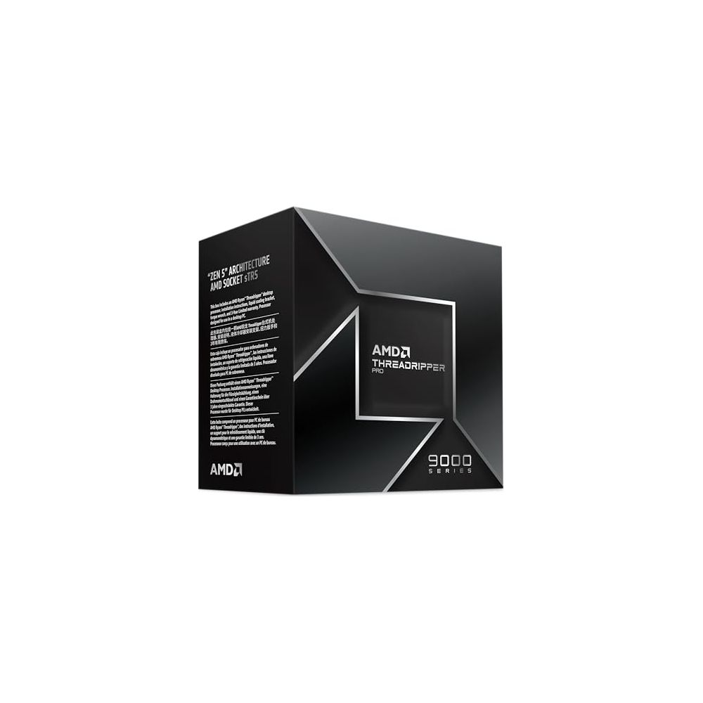 Czarne pudełko z logo i tekstem AMD Threadripper PRO 9000 Series.