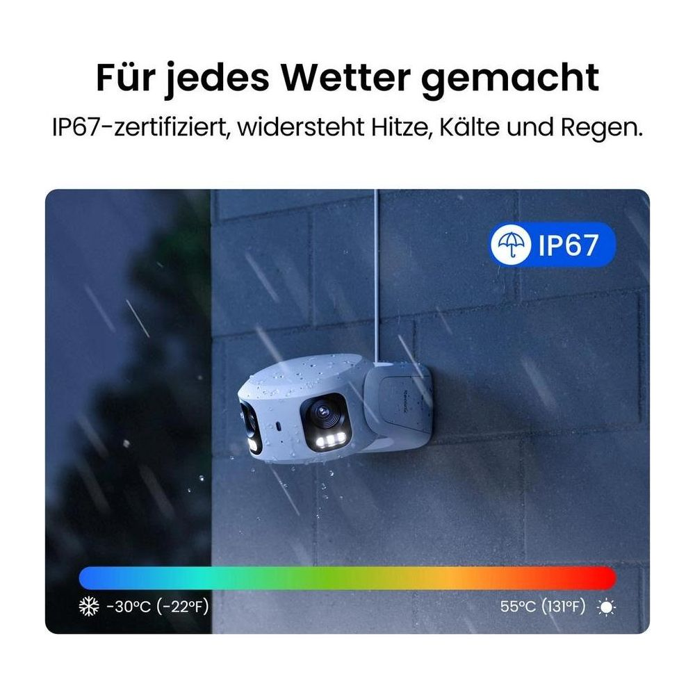 Eine graue Kamera ist im Regen montiert, mit IP67-Siegel.