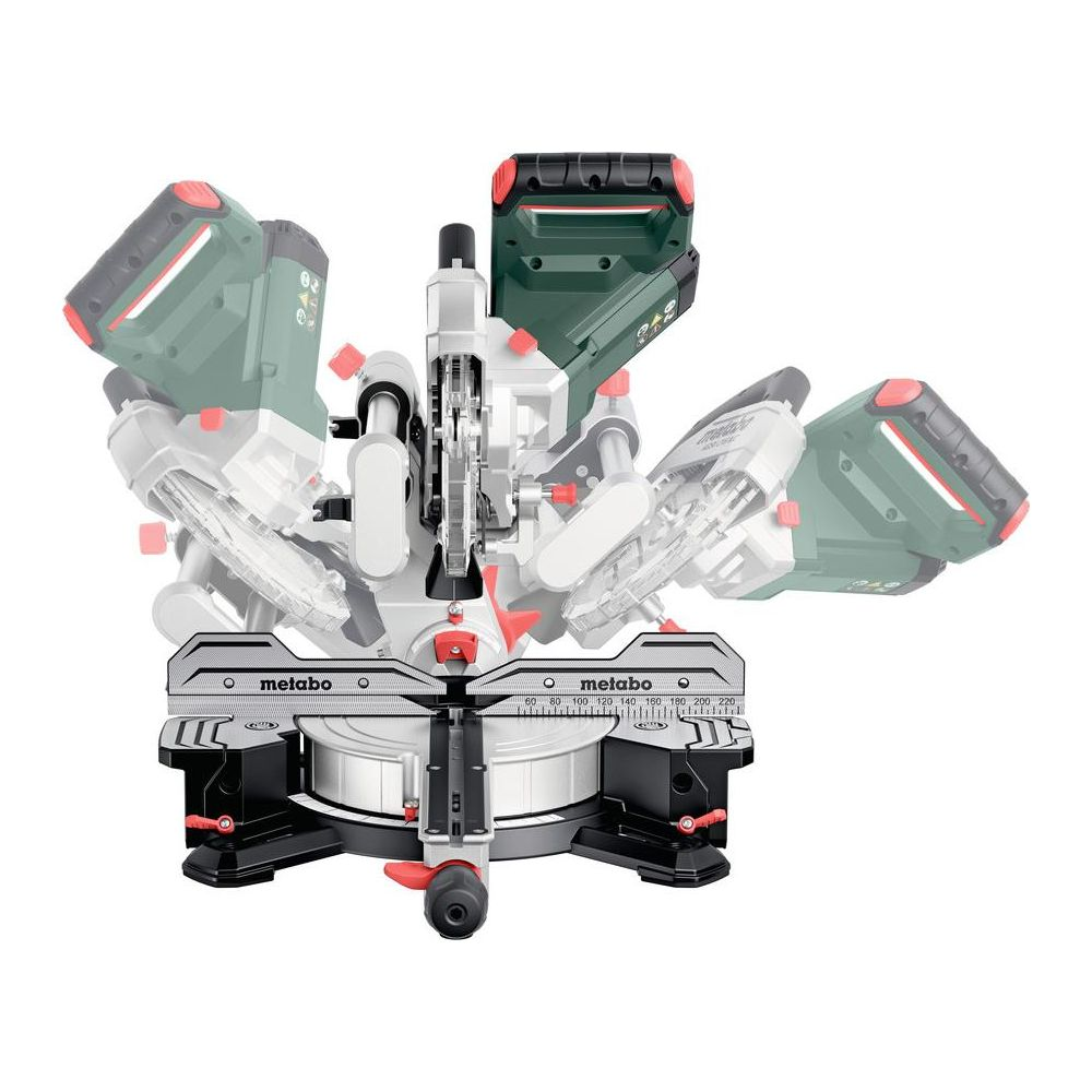 Eine Metabo Kappsäge in mehreren Winkeln gezeigt, mit grün-schwarzem Gehäuse, roten Griffen.