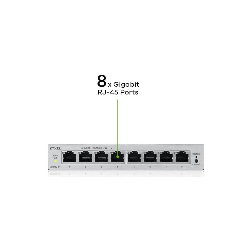 Przełącznik Zyxel GS1200-8 z 8 portami Gigabit RJ-45 i diodami stanu.