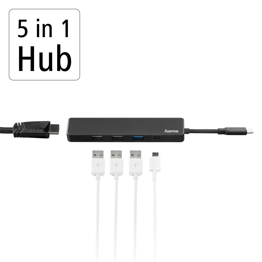 Czarny koncentrator USB-C 5 w 1 z portami HDMI, USB-A i USB-C.