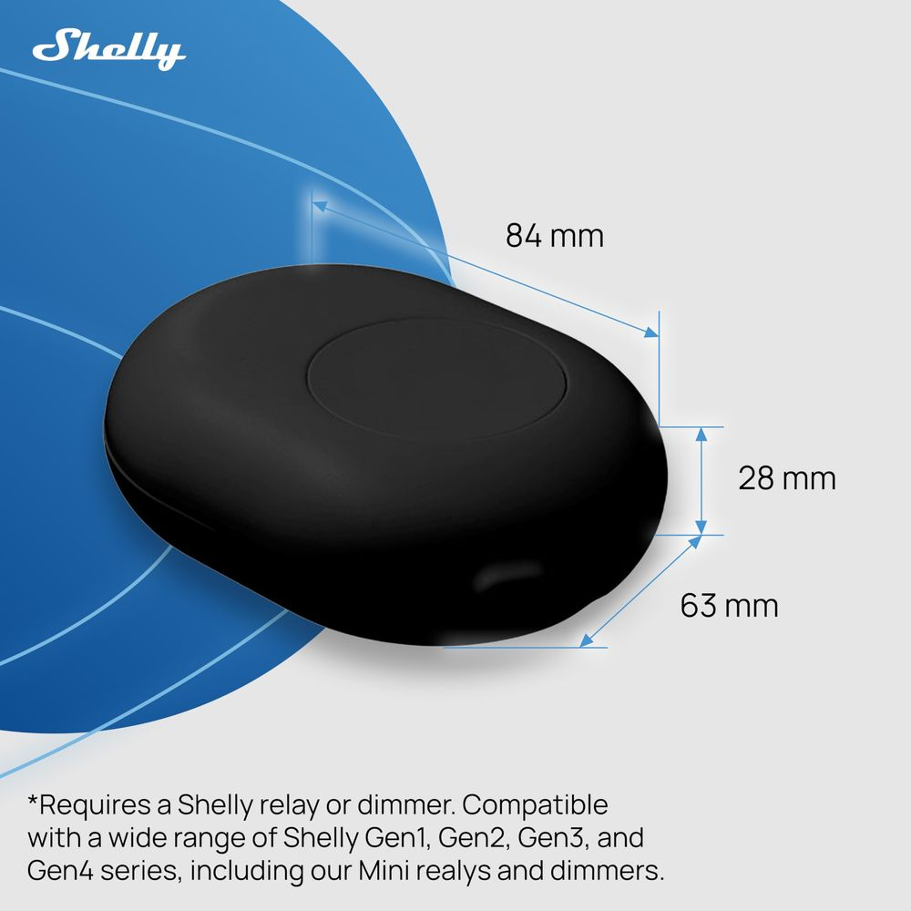 Czarny owalny moduł Shelly z wymiarami 84mm, 28mm, 63mm.