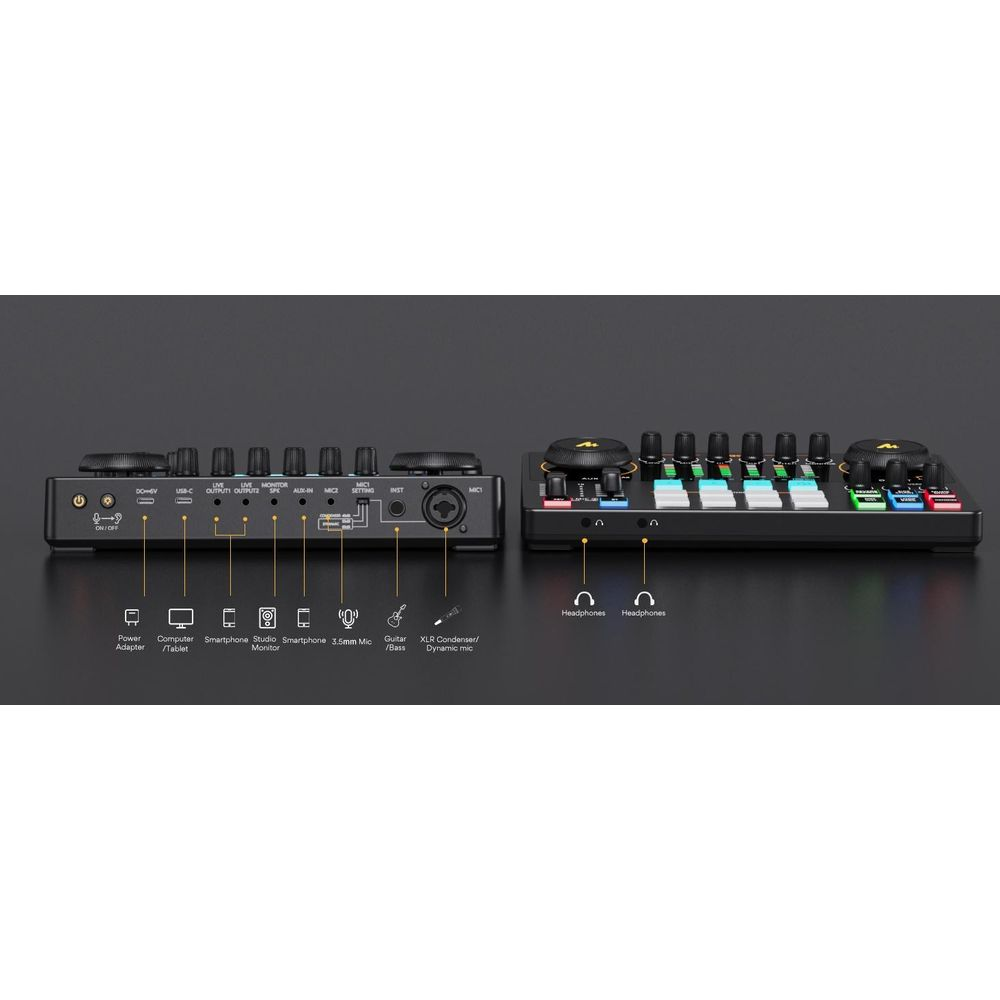 Due mixer audio su sfondo scuro, con porte e controlli in mostra.