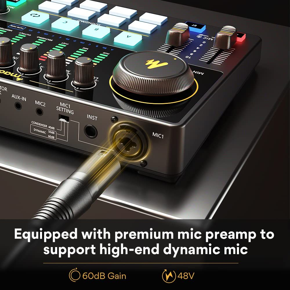 Mixer audio con ingresso XLR, manopole e pulsanti illuminati.