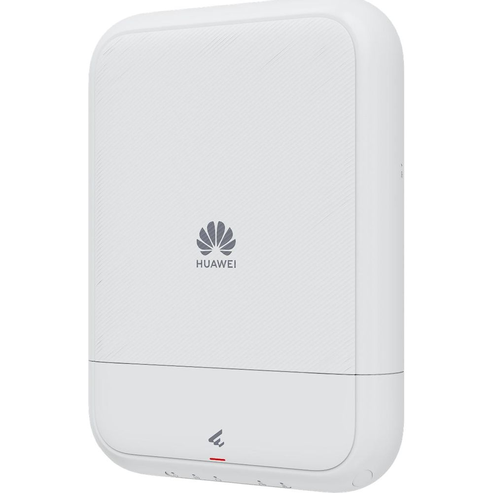 Üstte logosu, altta yıldırım sembolü olan beyaz bir Huawei cihazı.