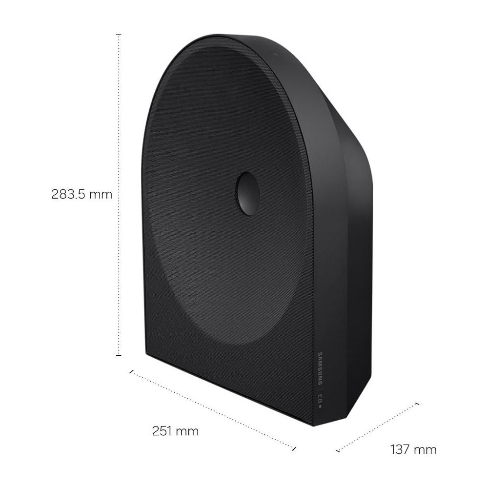 Schwarzer Samsung Lautsprecher mit Maßen 283.5x251x137 mm.