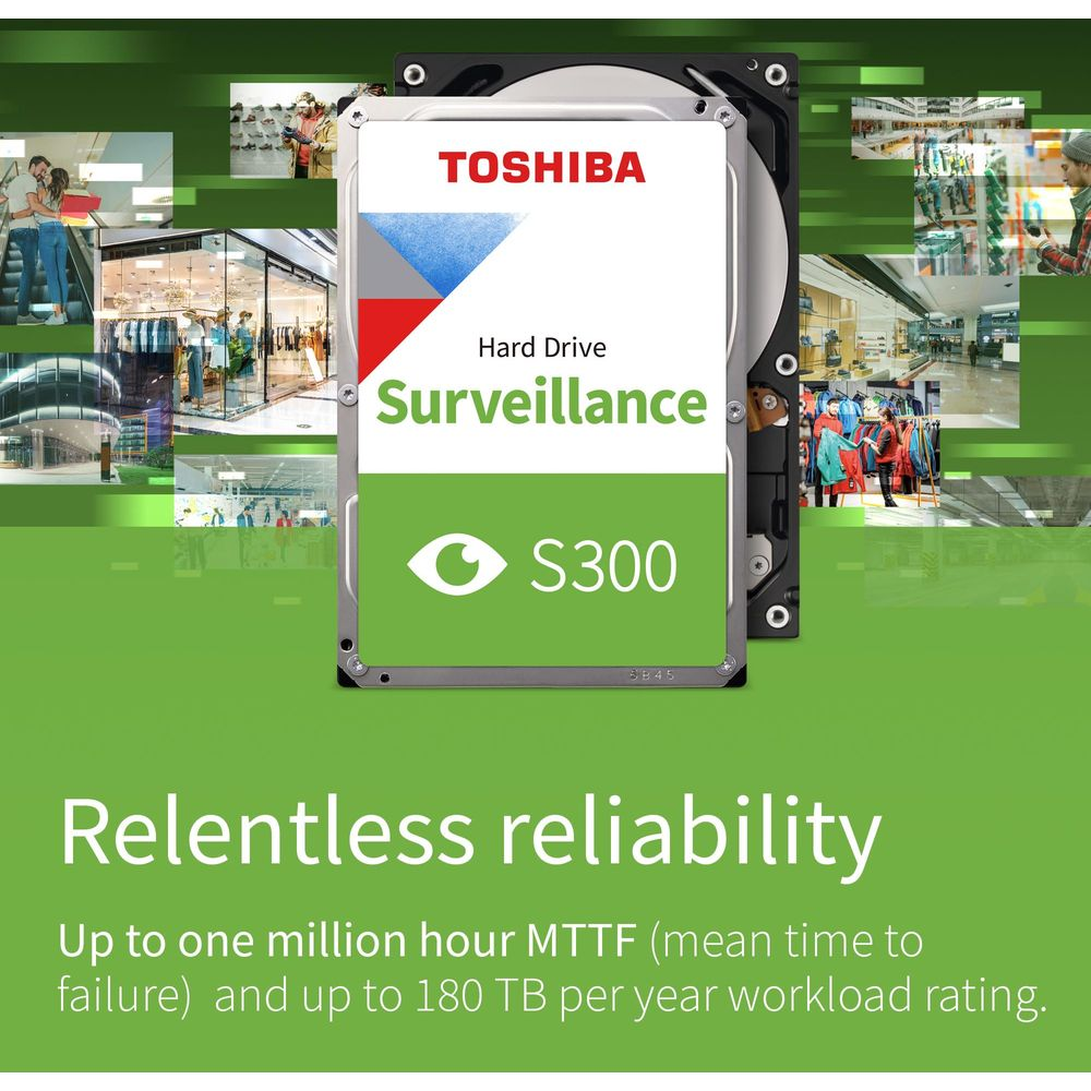 Disco duro Toshiba S300 Surveillance con imágenes de centros comerciales y personas.