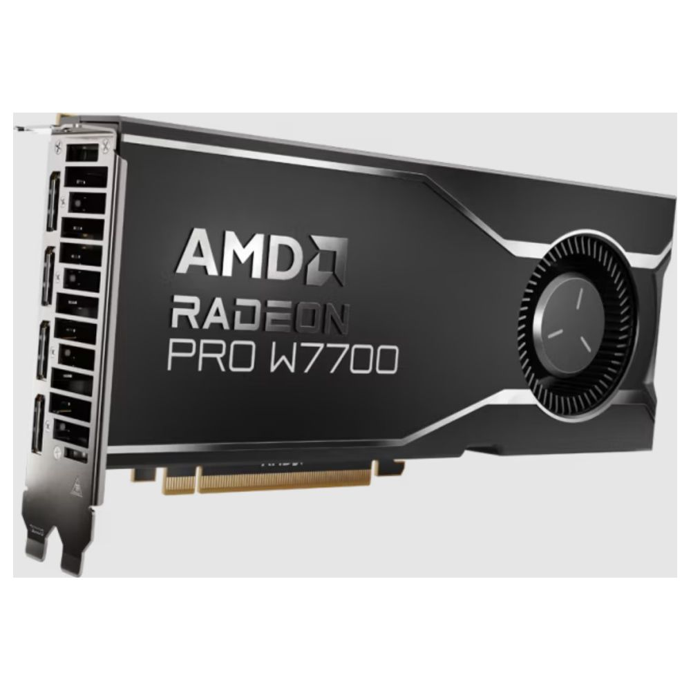Scheda grafica AMD Radeon PRO W7700 con accenti argentati e ventola.