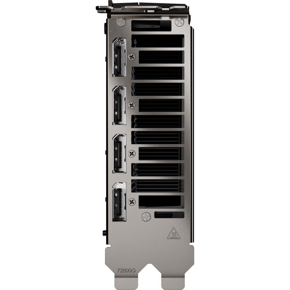 Scheda grafica argentata con più porte HDMI e fessure di ventilazione. Testo: 72000G.