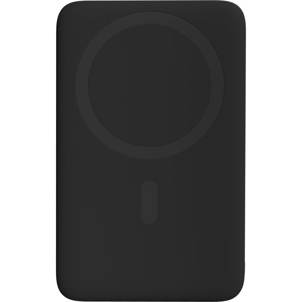 Objet rectangulaire noir aux coins arrondis avec un cercle de chargement magnétique.