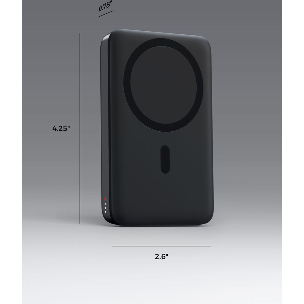 Boîtier de chargement rectangulaire noir avec cercle magnétique et indicateurs.