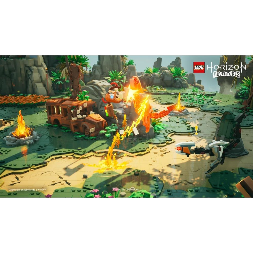 Figuras de Lego luchan contra un robot junto a un autobús oxidado, rodeados de jungla y agua.