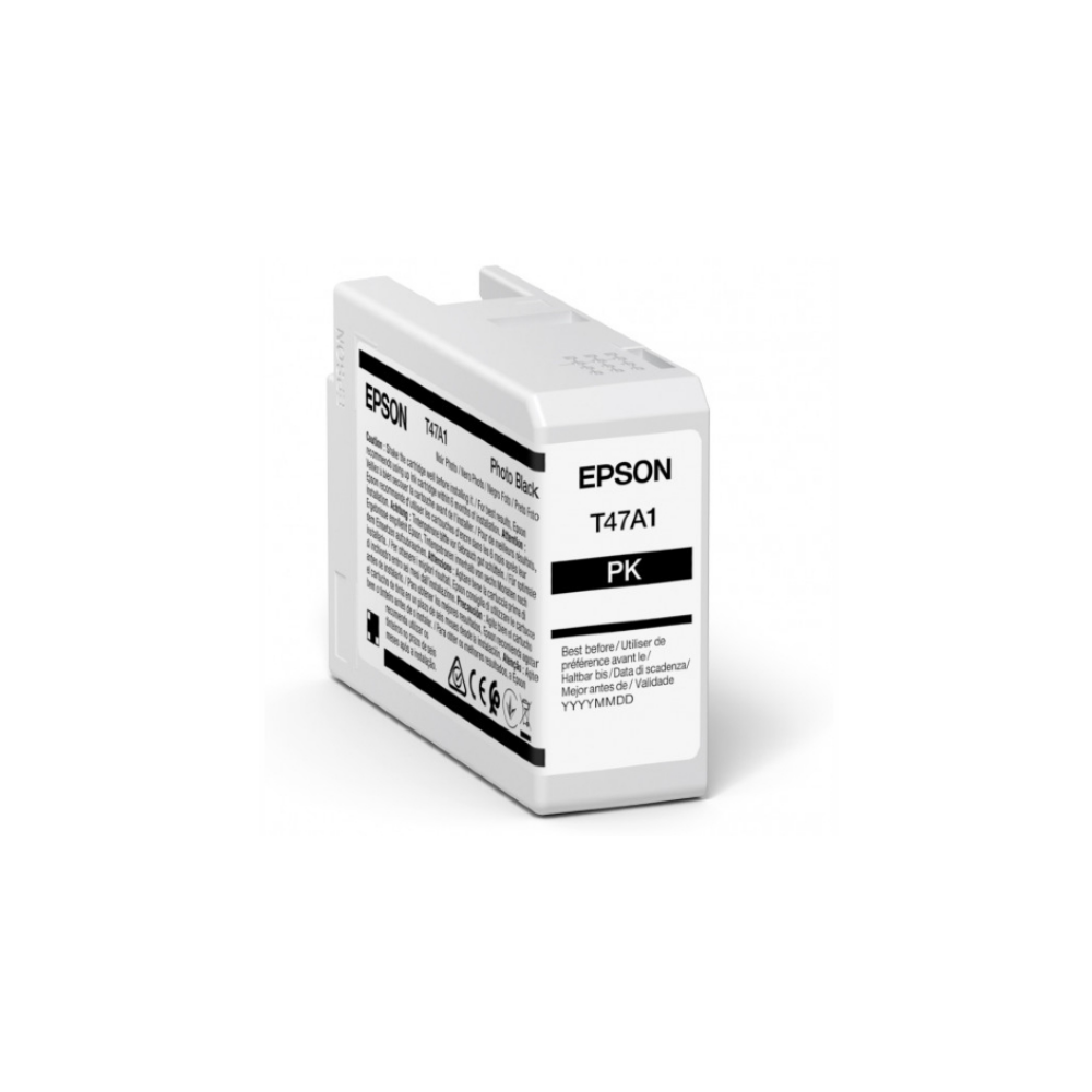 Un cartucho de tinta Epson T47A1 PK negro para foto, blanco, se muestra sobre fondo blanco.