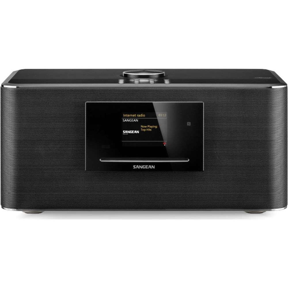 Un ricevitore radio internet nero con display digitale che mostra Sangean e