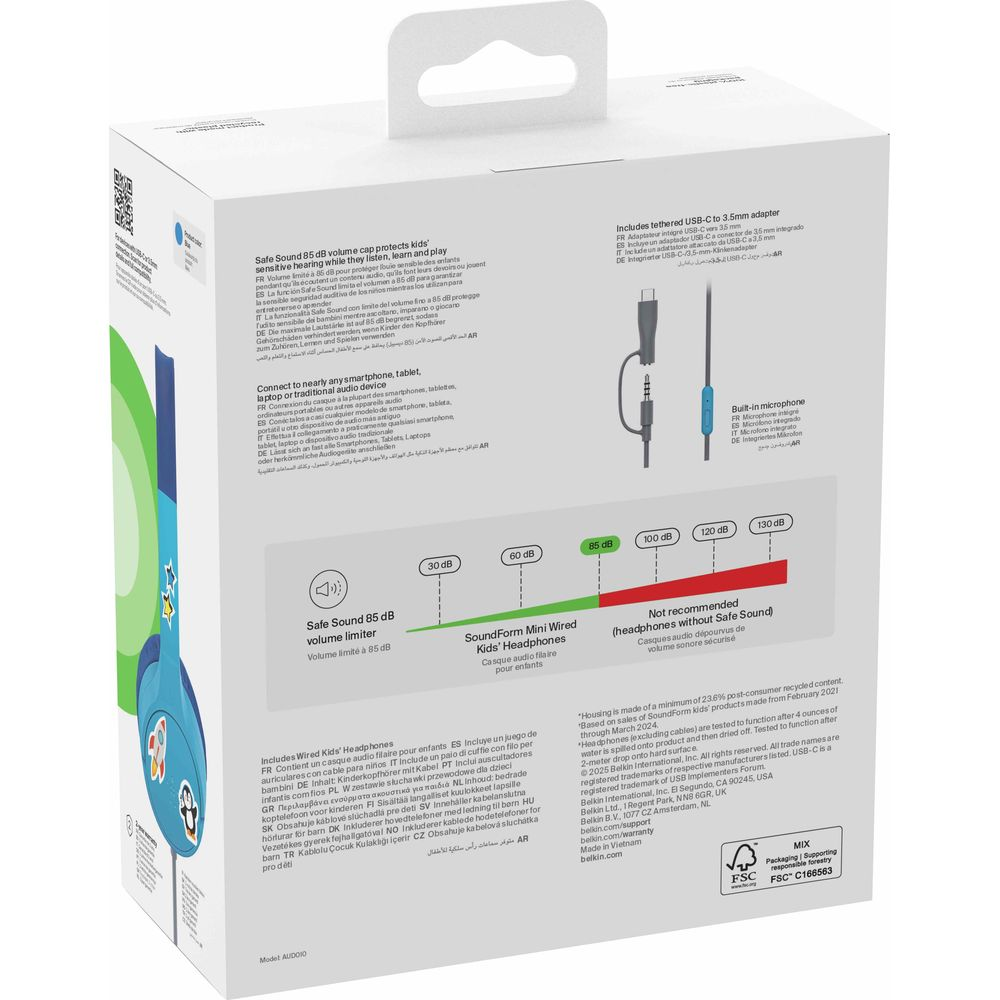 Caja con auriculares, cable, adaptador. Gráfico de volumen.