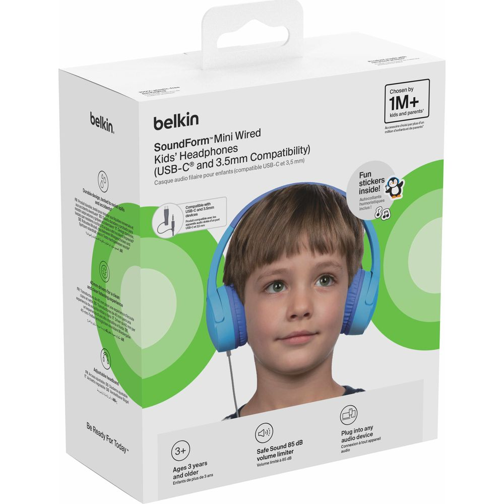 Caja de audífonos azules Belkin para niños con niño al frente.