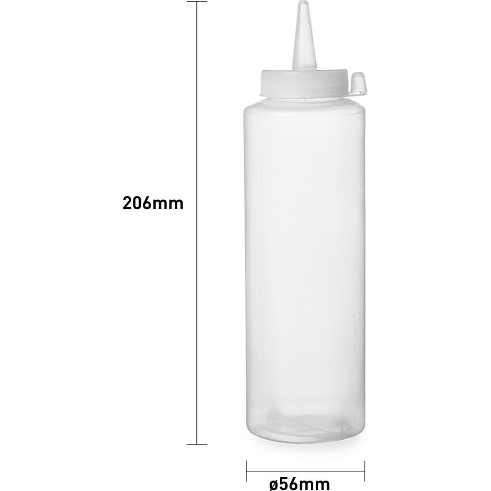 Una bottiglia di plastica trasparente con tappo bianco, alta 206 mm.